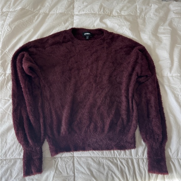 Express Sweaters - Express Burgundy Fuzzy Faux Fur Sweater XS Bateau Neck Long Sleeve Soft Cozy